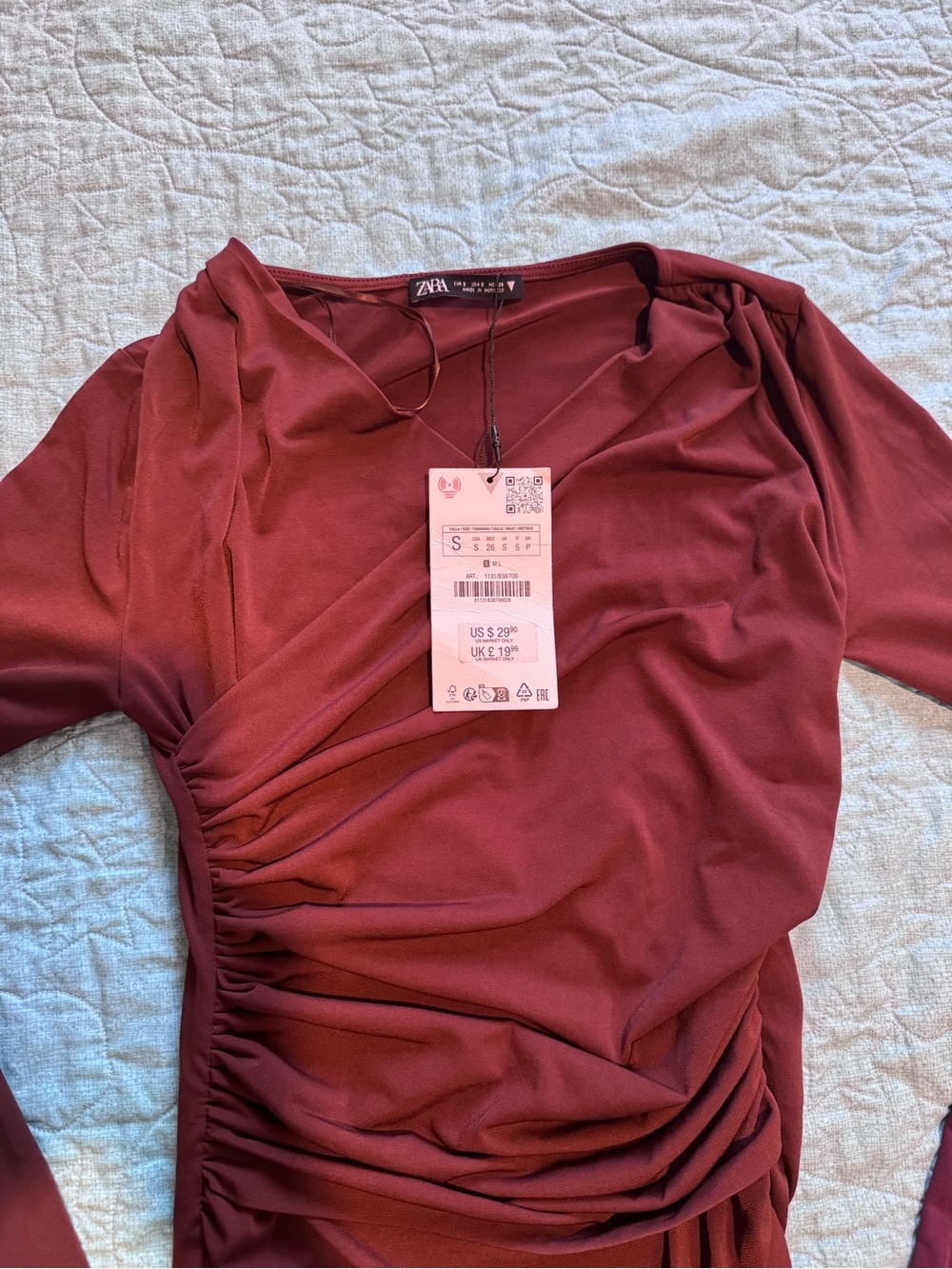 Zara Burgundy Ruched Long-Sleeve Top